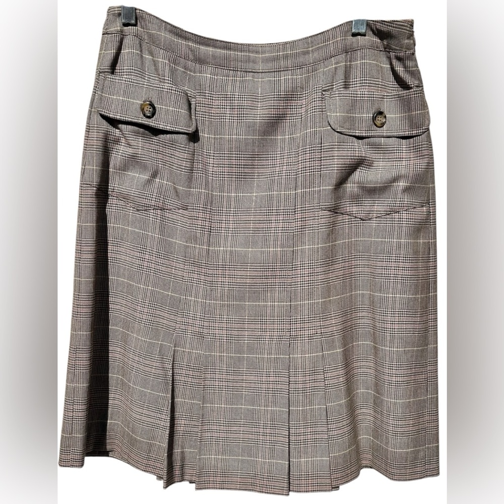 MAX MARA Weekend Gold Metallic Plaid Brown Herringbone Pleated Skirt Size 8
